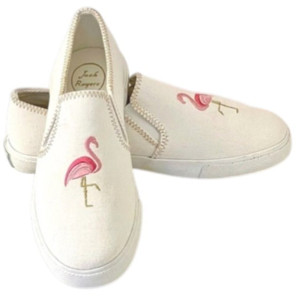 Jack Rogers Baldwin Slip Ons Embroidered Flamingoes - White/Pink/Gold - 10